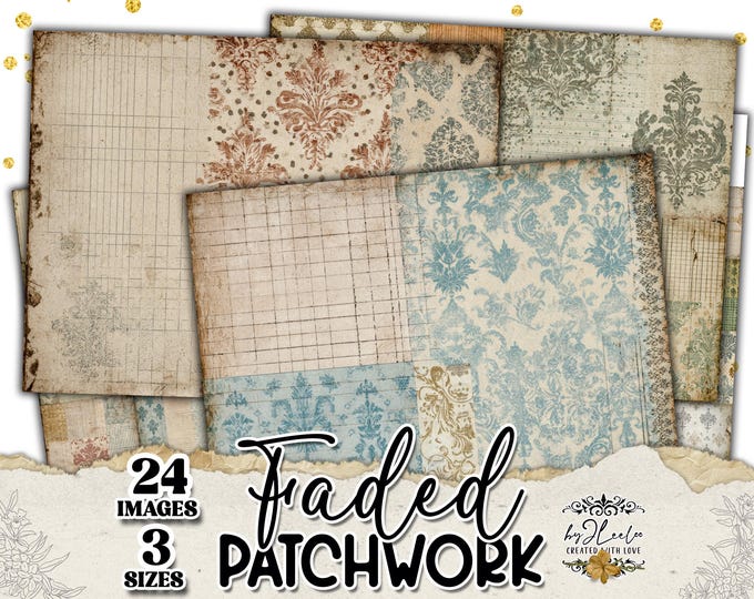 FADED PATCHWORK – Vintage Damask & Shabby Junk Journal Papers, Distressed Scrapbook Backgrounds, Victorian Chic Collage Pages | ppK51