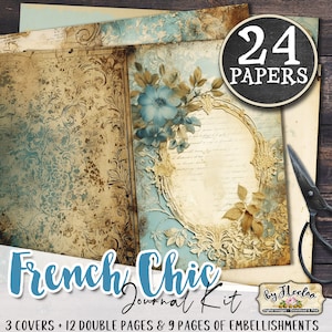 KIT de diário de lixo FRENCH CHIC shabby chic | Páginas em azul claro para download digital | Colagem para impressão | itens efêmeros de scrapbook para impressão | pp597