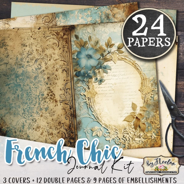 KIT de carnets de voyage FRENCH CHIC shabby chic | Pages bleu clair à télécharger | Collage imprimable | Ephémères de scrapbooking à imprimer | pp597
