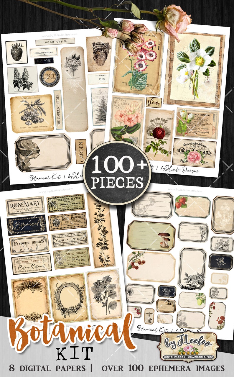 K&ouml;nnte beinhalten: Ein digitaler druckbarer Kit mit &uuml;ber 100 botanischen Bildern und 8 digitalen Papieren. Der Kit enth&auml;lt Bilder von Blumen, Bl&auml;ttern, Beeren und anderen botanischen Elementen. Die Bilder sind im Vintage-Stil mit einem Used-Look. Der Kit ist perfekt f&uuml;r Scrapbooking, Kartenherstellung und andere Bastelprojekte.