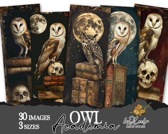 OWL ACADEMIA gothic bookmarks supplies | Antique Stack of books and skulls paper craft tag ephemera junk journal | digital collage | pp762