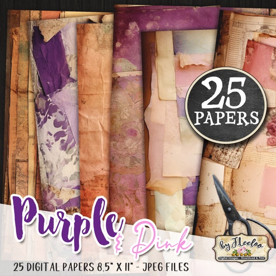 PINK & PURPLE distressed Junk Journal pages for scrapbook | Tattered supplies papers card making | Printable grunge journaling DiY | pp608