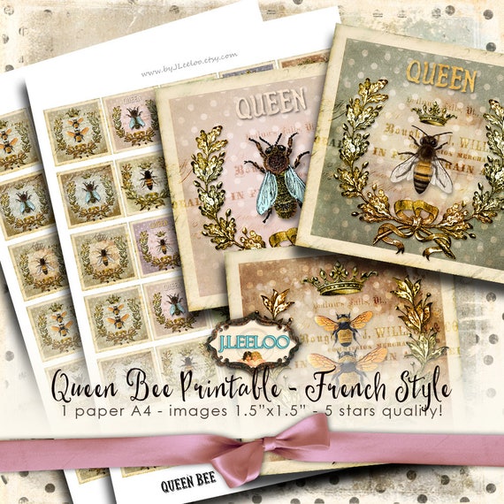 QUEEN BEE printable sheets 1.5 inch square digital images french paper goods chic vintage pendant craft instant download qu514