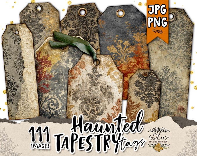 HAUNTED TAPESTRY Tags – 24 Gothic Damask Printable Labels | Eerie Vintage Junk Journal Ephemera, Scrapbook Craft Supplies Party CU | tl352