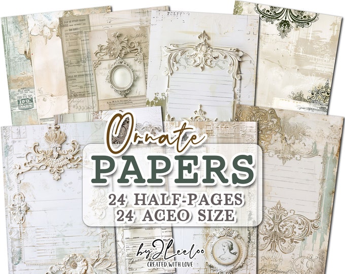ORNATE PAPERS half pages printable | French junk journal Mixed Media supplies | Collage style dirty paper card making collage diary | pp749