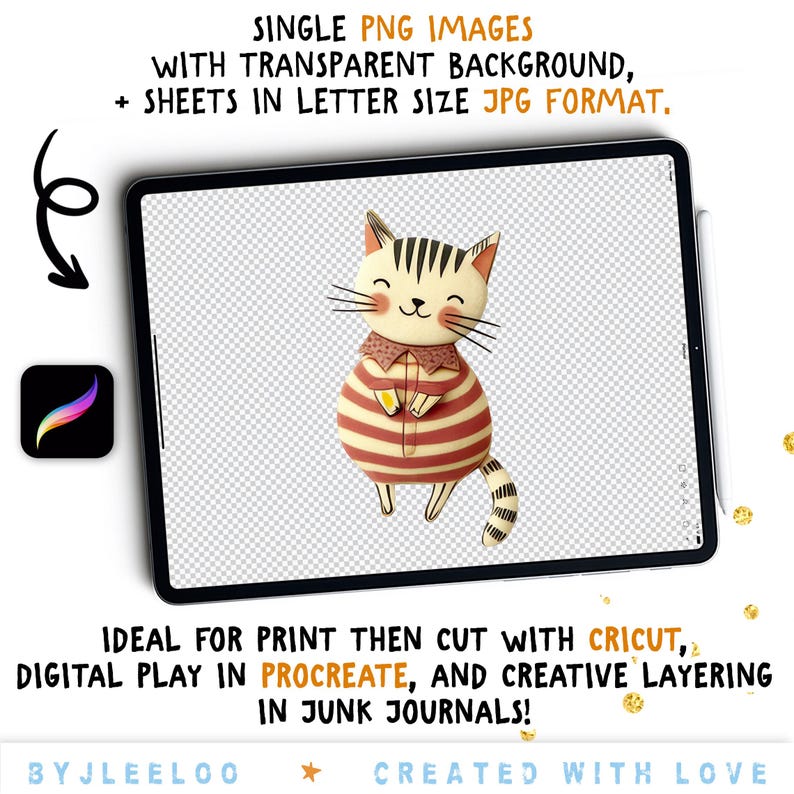 Op de afbeelding: Digitale illustratie van een lachende kat met een gestreept lichaam en staart, weergegeven op een tablet. De kat draagt een overhemd met kraag en houdt een klein voorwerp vast. De afbeelding bevat tekst over PNG-afbeeldingen en digitale kunst.