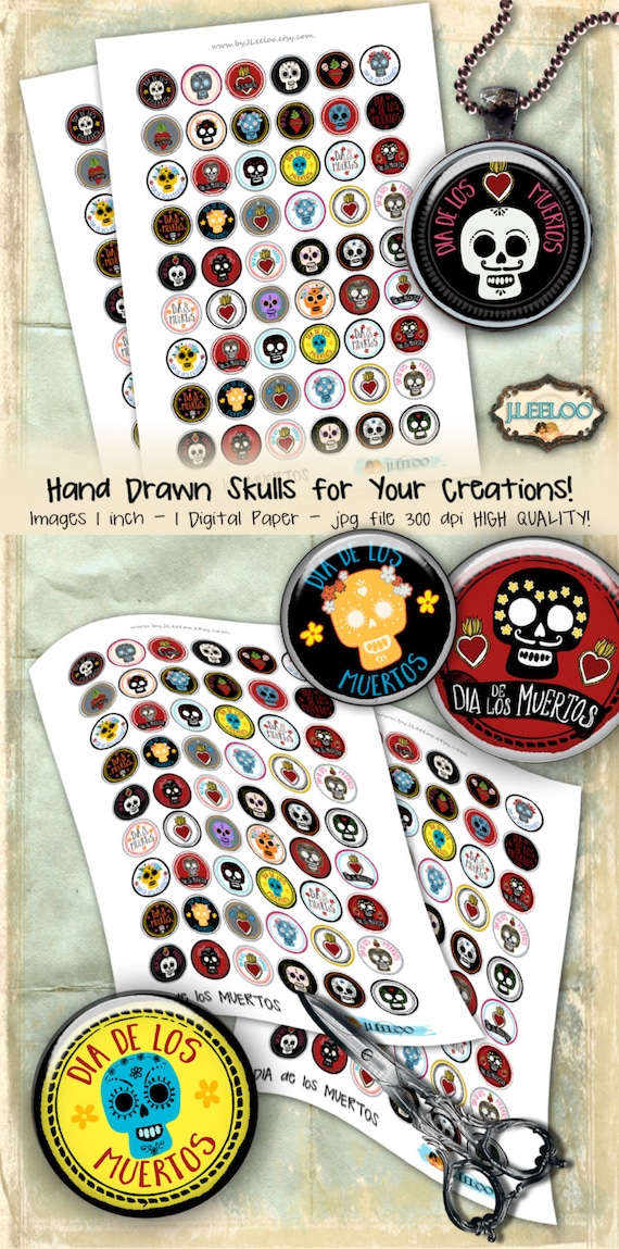 DIA De LOS MUERTOS 1 inch circle scary halloween pendants magnet bezel trays bottle caps cabochon printable digital collage sheet tn491