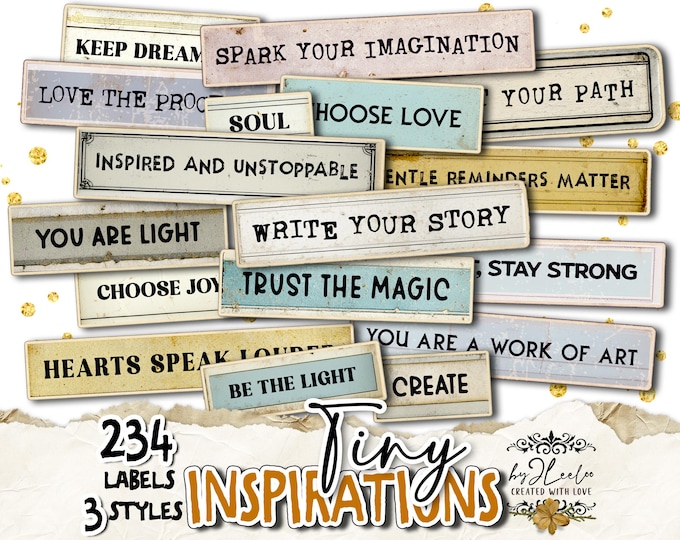 TINY INSPIRATIONS Word Labels Printable | Grungy Vintage Text Ephemera for Junk Journal Scrapbook Diary Cut Paste | Instant Download | tl324