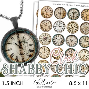 May include: A set of 1.5 inch round clock face stickers with a shabby chic design. The stickers feature distressed, vintage-looking clock faces with Roman numerals and a blue and white color scheme. The stickers are perfect for adding a touch of vintage charm to any project.