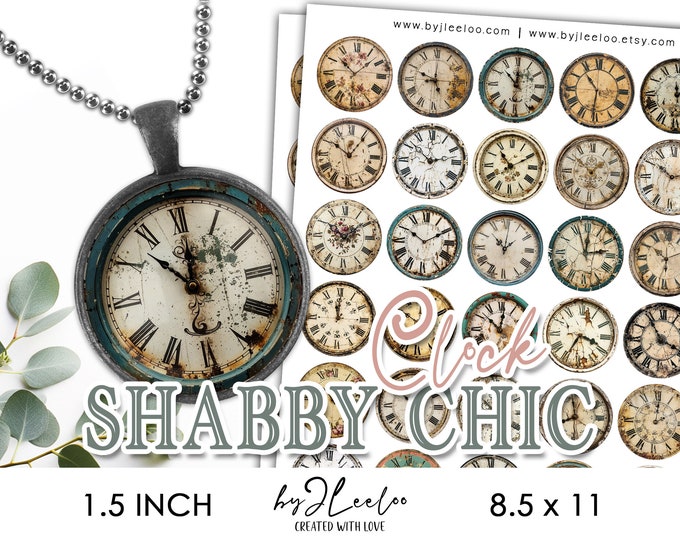 SHABBY CHIC CLOCK 1.5 inch printable Clock face | supplies round pendants, bezel trays, glass cabochon mountings, cameo settings | tn777