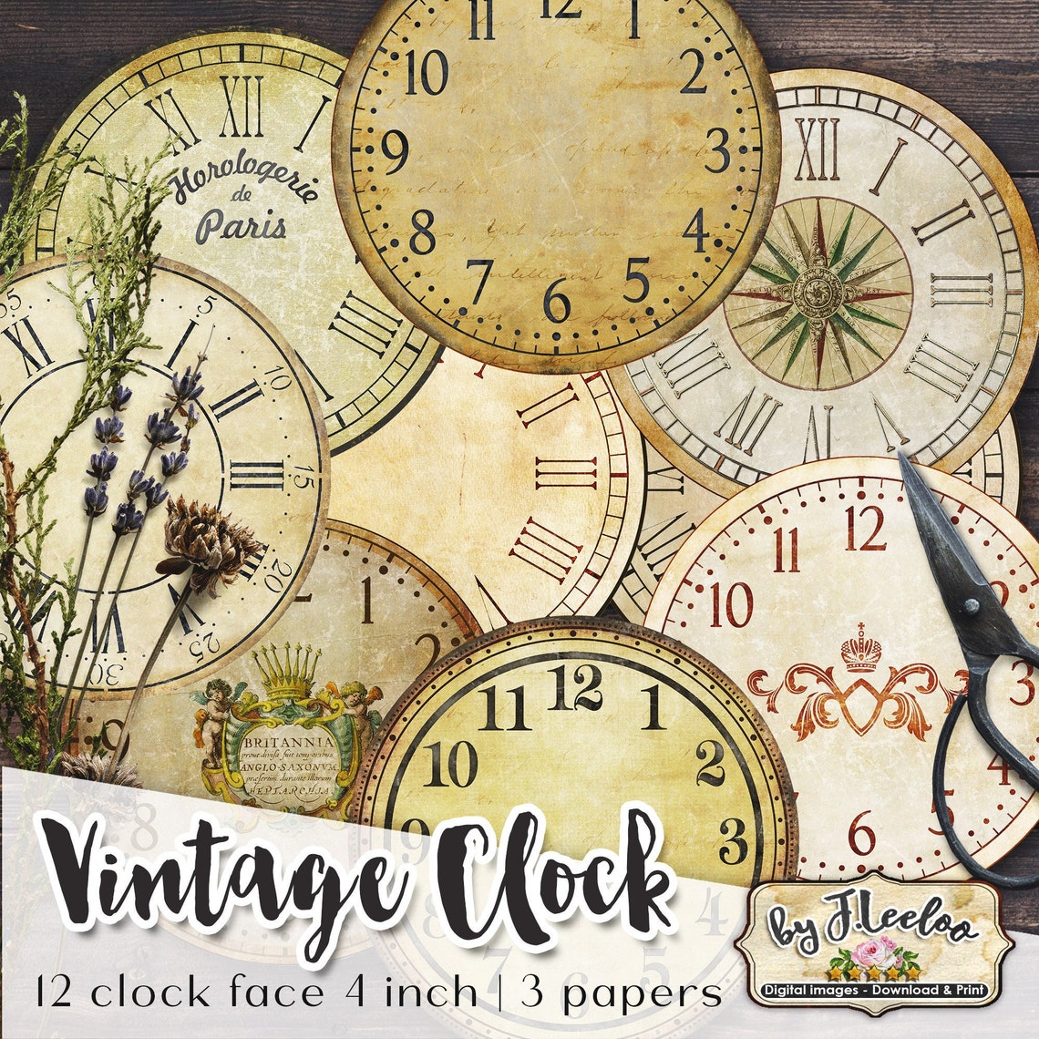 VINTAGE CLOCK 4 Inch Circle Printable Clock Faces Grunge Dirty Antique ...