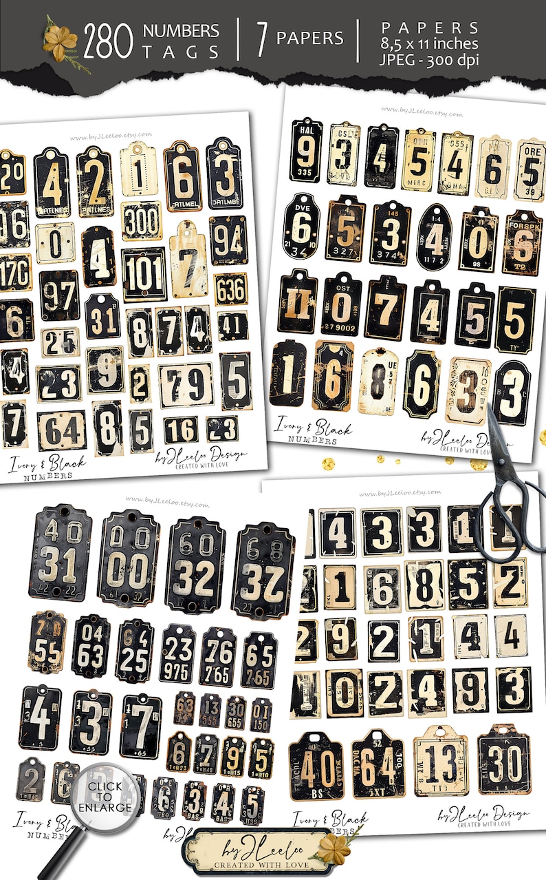 NUMBERS BLACK and IVORY Tag Printable Industrial Supplies | Vintage ...