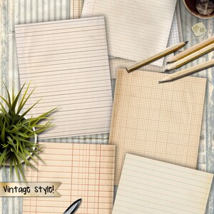 May include: A collection of vintage style paper with different grid patterns and lined paper. The paper is on a blue and white striped background with a plant, scissors, pencils, and a cup of tea.