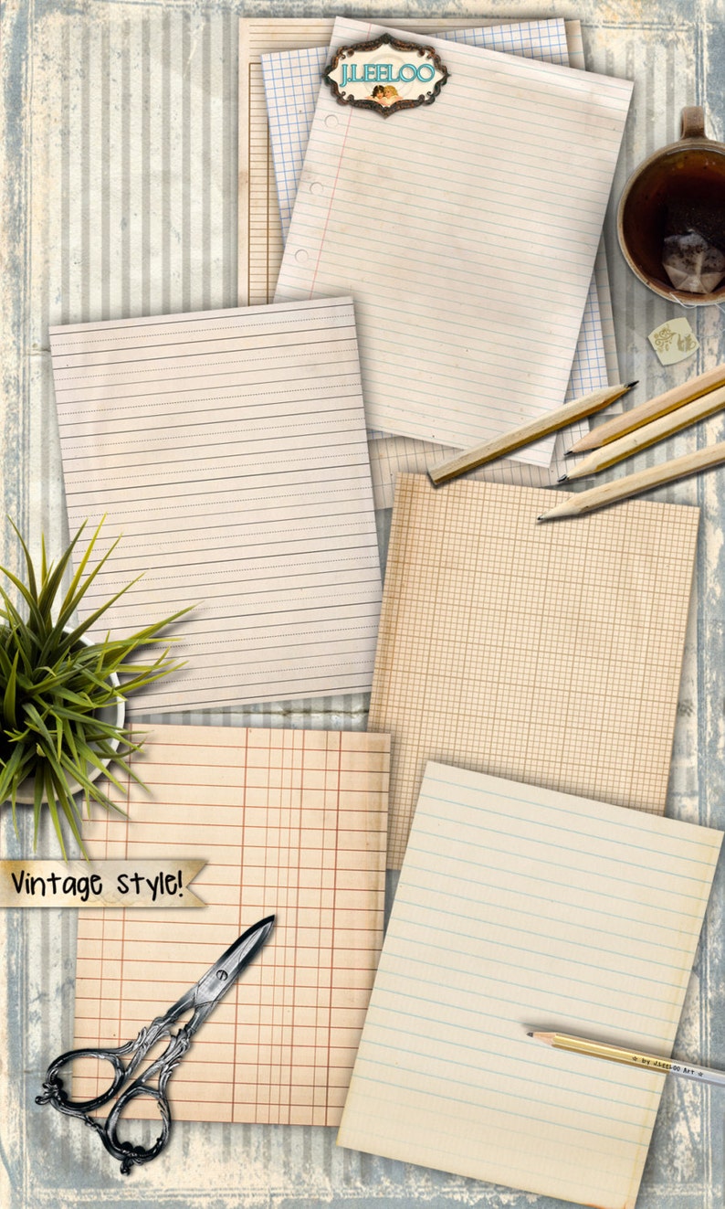May include: A collection of vintage style paper with different grid patterns and lined paper. The paper is on a blue and white striped background with a plant, scissors, pencils, and a cup of tea.
