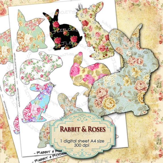RABBIT AND ROSES png jpg files silhouette Digital collage sheet bunny roses for scrapbooking altered art instant download printable pp154