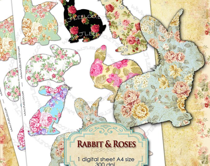 RABBIT AND ROSES png jpg files silhouette Digital collage sheet bunny roses for scrapbooking altered art instant download printable pp154