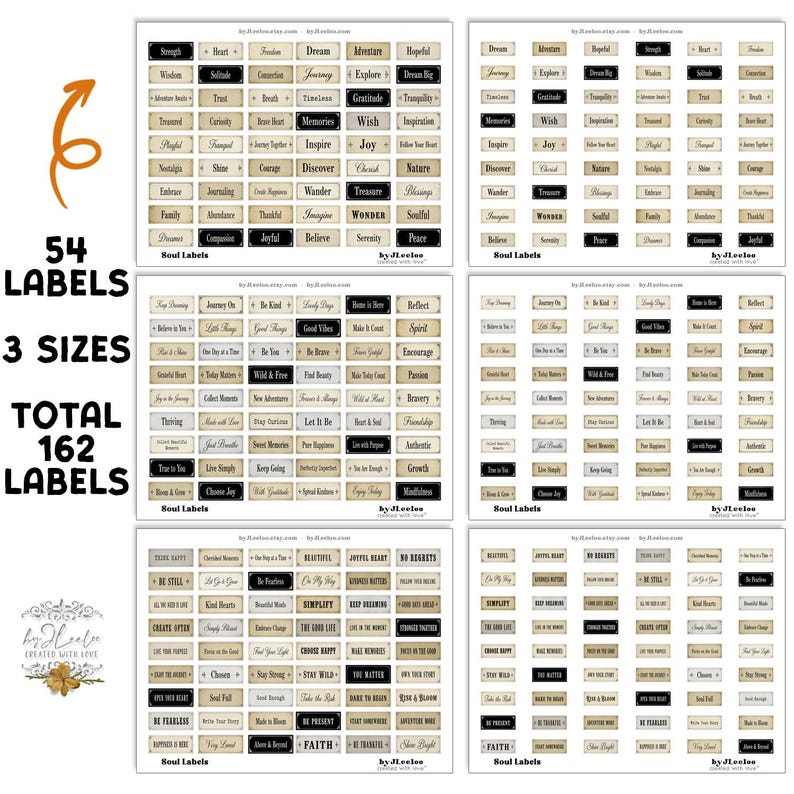 May include: A collection of 162 labels in 3 sizes, featuring words like "Dream," "Joy," and "Believe." The labels are in a vintage style with a beige and black color scheme. The image also includes the text "Soul Labels."