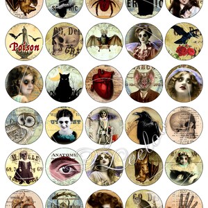 May include: A set of 25 round digital printable images featuring a gothic and vintage aesthetic. The images include a variety of spooky and macabre imagery, such as bats, skulls, hearts, owls, spiders, and crows. The images are perfect for creating Halloween decorations, party favors, or scrapbooking projects.