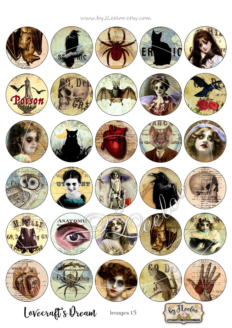 May include: A set of 25 round digital printable images featuring a gothic and vintage aesthetic. The images include a variety of spooky and macabre imagery, such as bats, skulls, hearts, owls, spiders, and crows. The images are perfect for creating Halloween decorations, party favors, or scrapbooking projects.