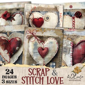 SCRAP & STITCH LOVE 24 fundo 3 tamanhos | Diário de Junk Valentine | Páginas rústicas de tecido | Decoração romântica para casa | Uso comercial | pp908