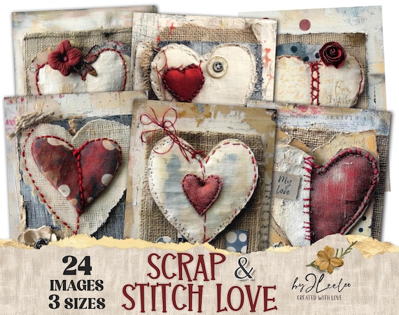 SCRAP & STITCH LOVE 24 background 3 Sizes | Valentine Junk Journal | Fabric Rustic pages | Home romantic decor | Commercial Use | pp908