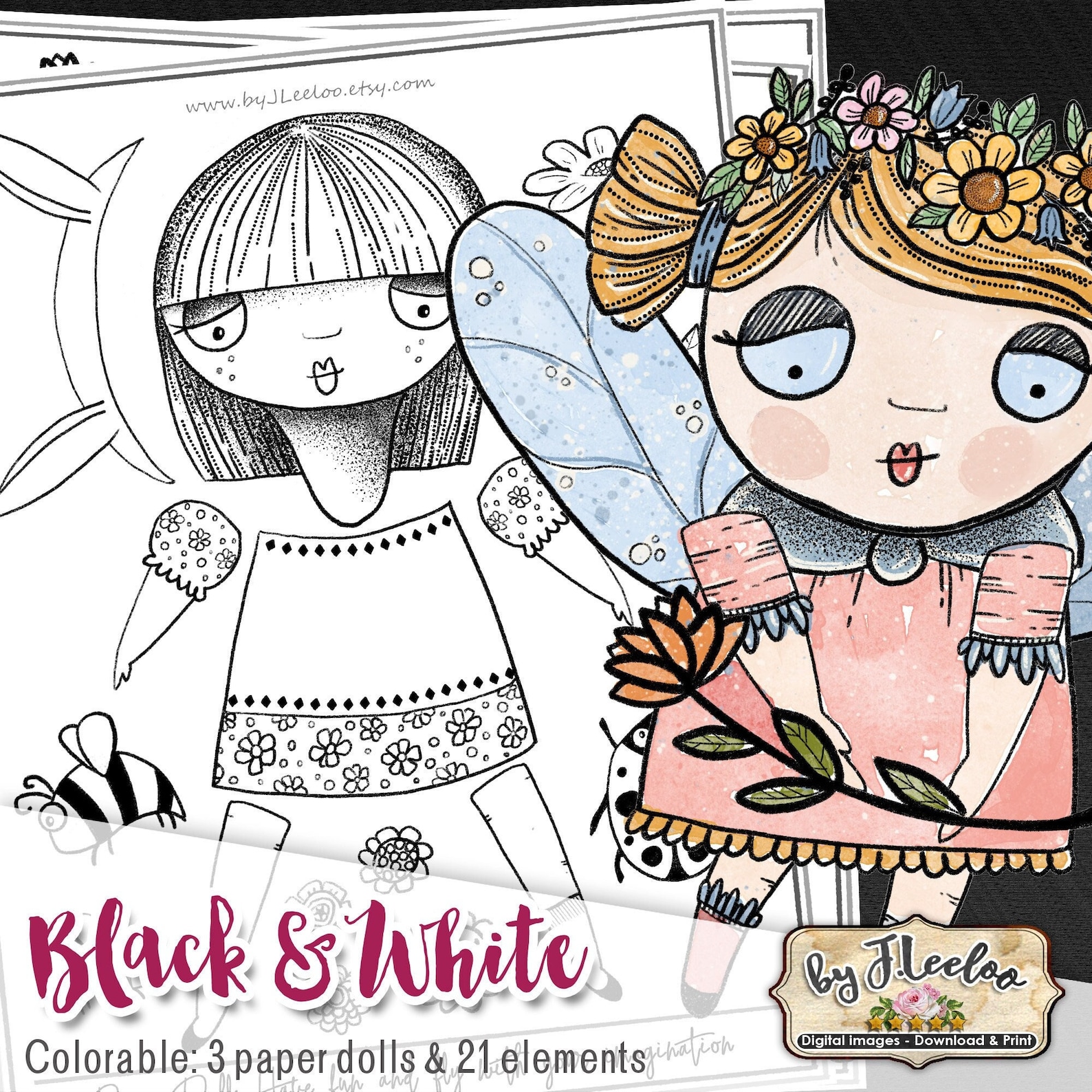 BLACK and WHITE Paper Dolls Coloring Articulated Altered Art | Etsy