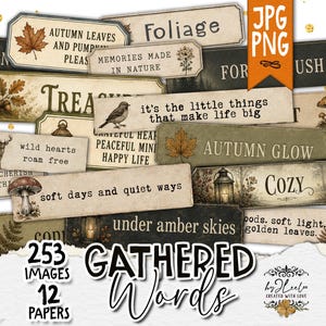 May include: A collection of rectangular labels featuring nature-themed illustrations like autumn leaves, mushrooms, deer, and lanterns, paired with inspirational text such as Autumn leaves and pumpkin please, Cozy, and It's the little things that make life big.