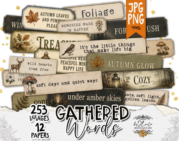 GATHERED WORDS – Vintage Autumn Labels, Fall Junk Journal Ephemera, Printable Tags, Scrapbook Clipart, Digital Download | tl386