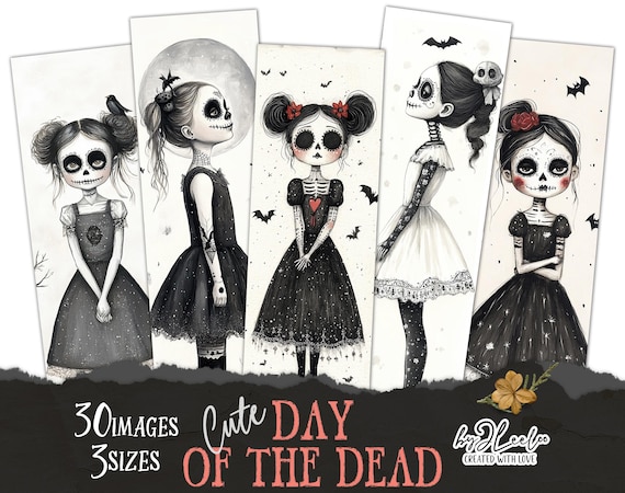 CUTE DAY of the DEAD gothic whimsy bookmarks 3 sizes | Hand-drawn card Ink paper tag junk journal | digital collage Commercial Use | pp833