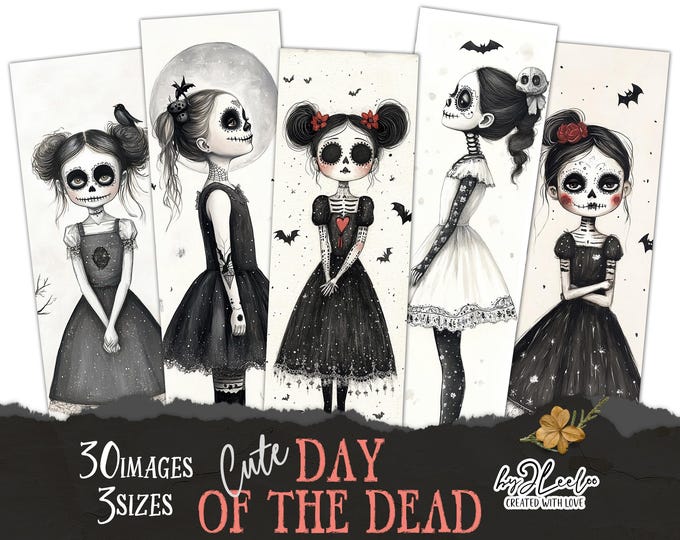 CUTE DAY of the DEAD gothic whimsy bookmarks 3 sizes | Hand-drawn card Ink paper tag junk journal | digital collage Commercial Use | pp833