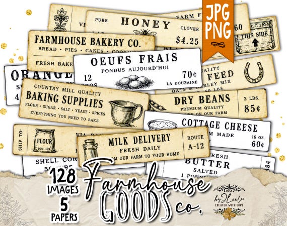 FARMHOUSE GOODS co. Vintage Farm Labels, Country Market Ephemera, Dairy Flour Honey Labels, Black White Sepia Printable, Png & JPG | tl381