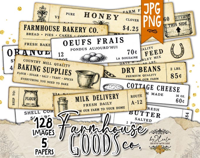 FARMHOUSE GOODS co. Vintage Farm Labels, Country Market Ephemera, Dairy Flour Honey Labels, Black White Sepia Printable, Png & JPG | tl381