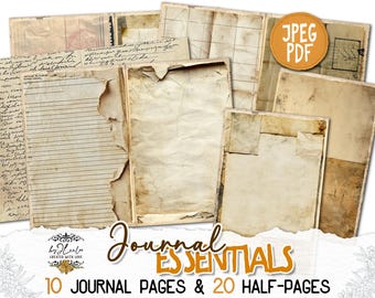 May include: A set of 10 journal pages and 20 half-pages with a vintage aesthetic. The pages are cream-colored with brown edges and have a distressed look. The pages are perfect for scrapbooking, journaling, or other creative projects.