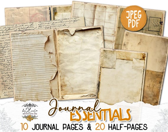 JOURNAL ESSENTIALS Vintage Printable Pages, Aged Paper, Digital Scrapbook Kit, Ephemera for Journaling collage Antique Craft DIY | pp934