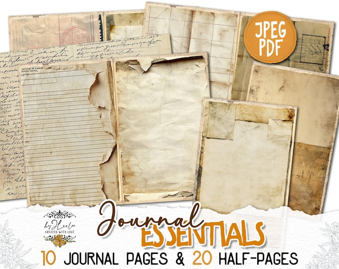 JOURNAL ESSENTIALS Vintage Printable Pages, Aged Paper, Digital Scrapbook Kit, Ephemera for Journaling collage Antique Craft DIY | pp934