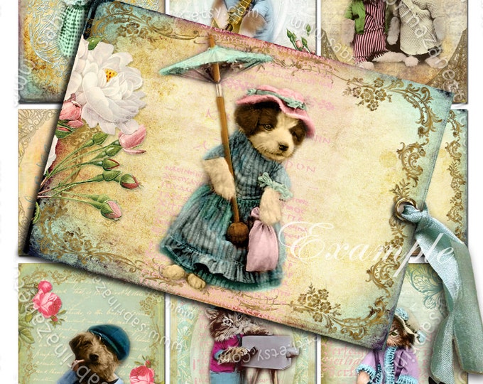 ADORABLE PETS printable atc size  instant download Digital collage sheet vintage photo background vintage paper ac104