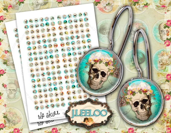 Digital printable THE SKULL 12mm 16mm 18mm circle goth scary dia de los muertos earrings rings instant download Digital collage tn313