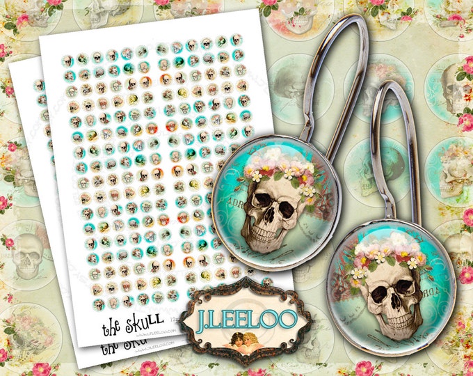 Digital printable THE SKULL 12mm 16mm 18mm circle goth scary dia de los muertos earrings rings instant download Digital collage tn313