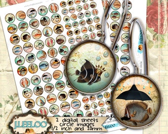 Digital collage sheet FISH EYES 12mm 20mm circle sheets earring ring steampunk collage digital images jewelry instant download tn395