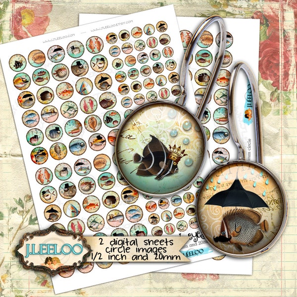 Digital collage sheet FISH EYES 12mm 20mm circle sheets earring ring steampunk collage digital images jewelry instant download tn395