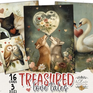 TRESURED LOVE TALES 3 tailles | Fournitures vintage imprimables de journal de carte de Valentine | animaux amoureux illustration album romantique | p913