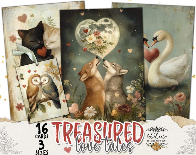 TREASURED LOVE TALES 3 sizes | Valentine card journal printable vintage supplies | animals in love illustration scrapbook romantic | pp913