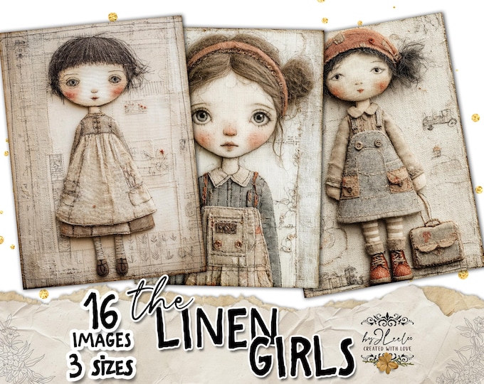 the LINEN GIRLS 3 sizes | vintage whimsy card junk journal printable illustration | Card making collage digital postcard Scrapbook  | pp966