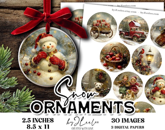 SNOW ORNAMENTS – 2.5 Inch Christmas Round Fine Art Images | Crafts, Ornaments, Coasters, Vintage Holiday Circles, Printable Ephemera | tn848