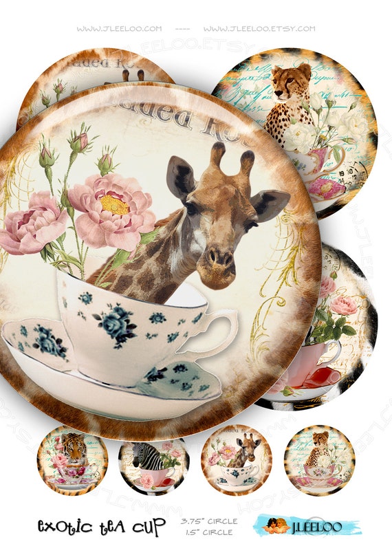 Digital print EXOTIC TEACUP 3.75 inch 1.5 circle hang tag wild animal jiraf tiger zebra images pendant magnet instant download tn462