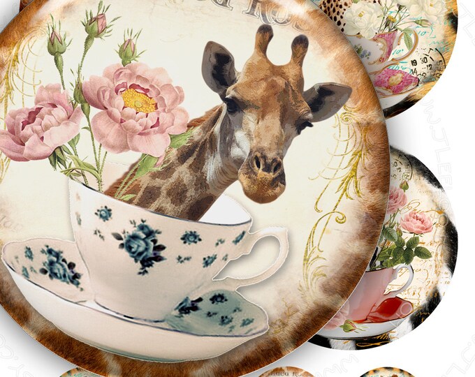 Digital print EXOTIC TEACUP 3.75 inch 1.5 circle hang tag wild animal jiraf tiger zebra images pendant magnet instant download tn462