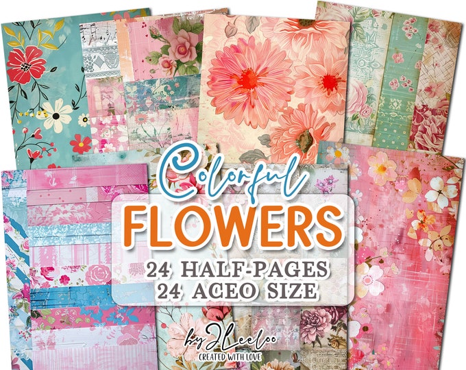 COLORFUL FLOWERS half pages printable | Botanical junk journal Mixed Media supplies | ACEO romantic vintage paper card collage DiY | pp737