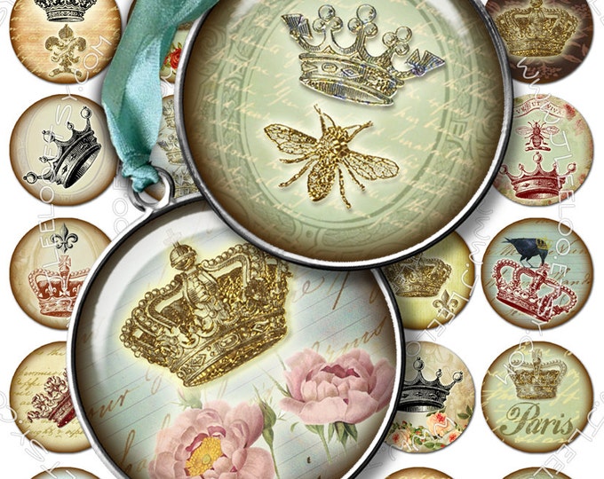 Digital paper CIRCLES CROWNS 1.5 inch circle victorian royal paris france for pendant magnet and craft instant download printable tn118