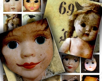 May include: A collage of creepy doll faces, some with stitched-up mouths and others with wide, vacant eyes. The dolls are arranged in a grid pattern on a distressed, vintage background. The text "6.9" is visible in the upper right corner of the collage. The text "CREEPY DOLL 16 INCH SQUARE" is at the bottom of the collage.