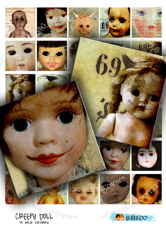 Digital collage sheet CREEPY DOLL 1.5 inch square for spooky scary hang tags pendants magnets stickers labels instant printable qu270